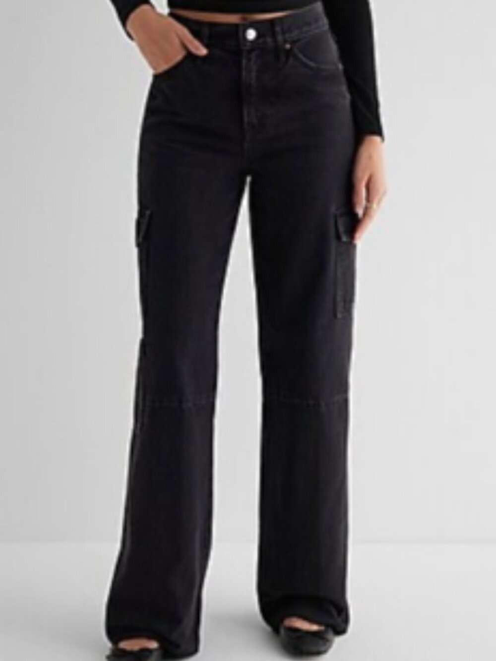 Express Black High Rise Wide Leg Raw Edge Cargo Jean